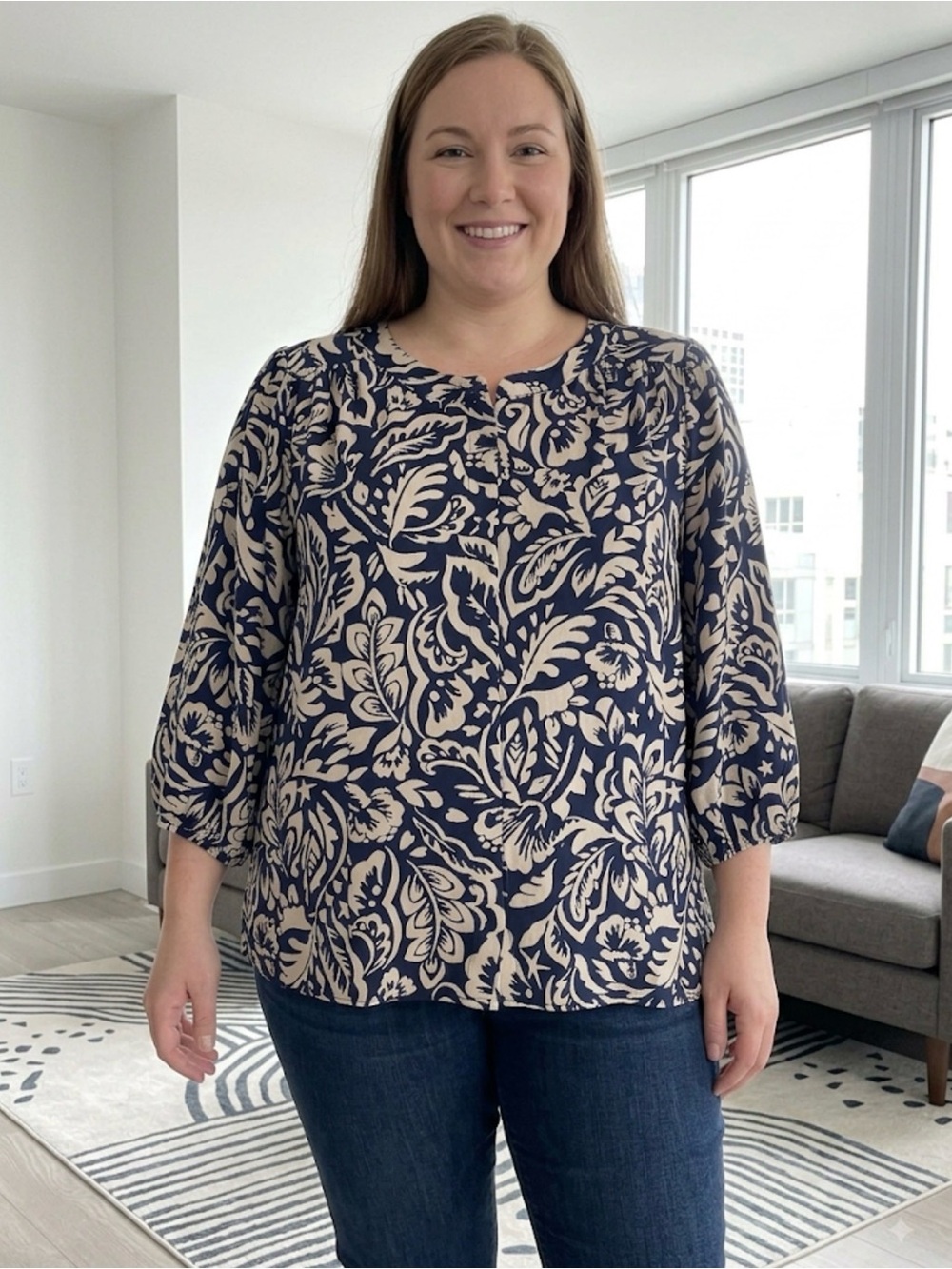 Women's Plus Navy and Cream Floral Blouse